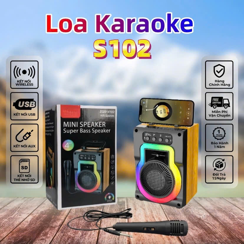 Loa Karaoke Mini Bluetooth Di Động S102 Kèm 01 Micro Có Dây Cùng Đèn LED RGB…