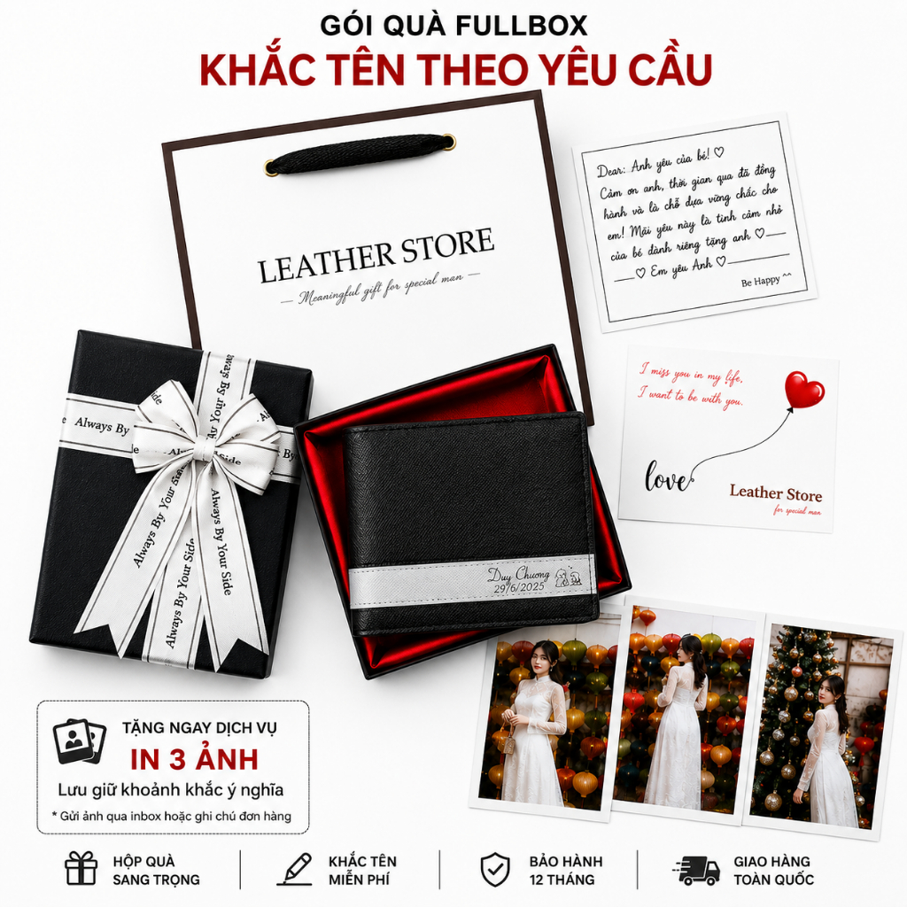 [ Fullbox Đã Gói Quà ] Ví nam khắc tên theo yêu cầu bóp nam da saffiano hộp túi thiệp người yêu bố