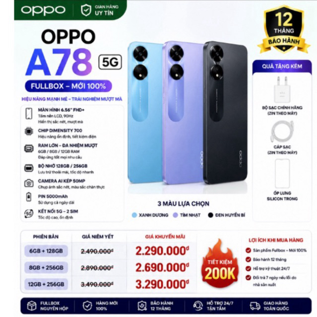 Điện Thoại OPPO A78 5G / A58 5G Fullbox 6GB/128GB 8GB/256GB | Camera 50MP | Pin 5000mAh | Màn 90Hz |