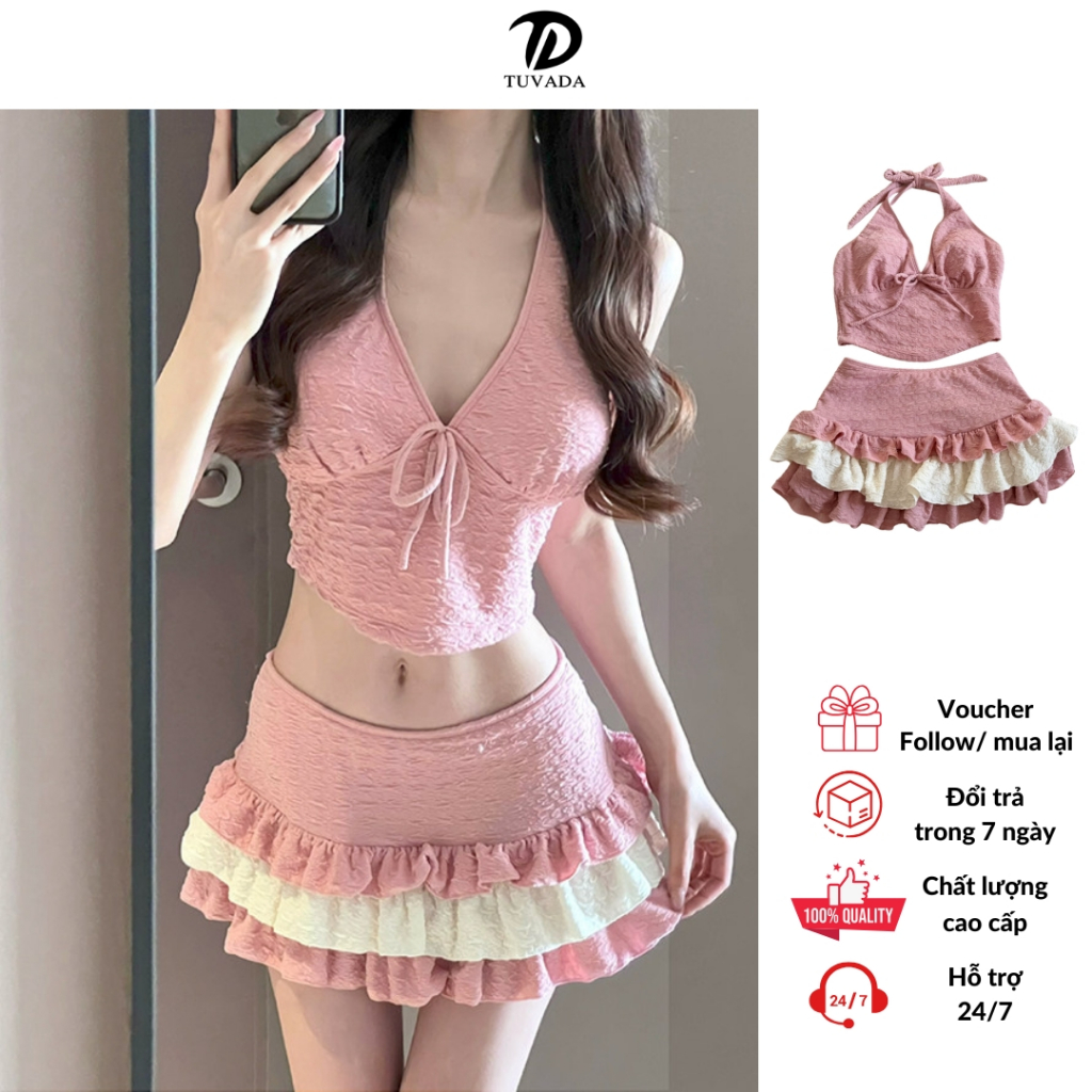 Bikini đi biển 3 mảnh màu hồng đất, đồ bơi nữ có thể phối đồ linh hoạt, đồ đi biển Tuvada - B3M28
