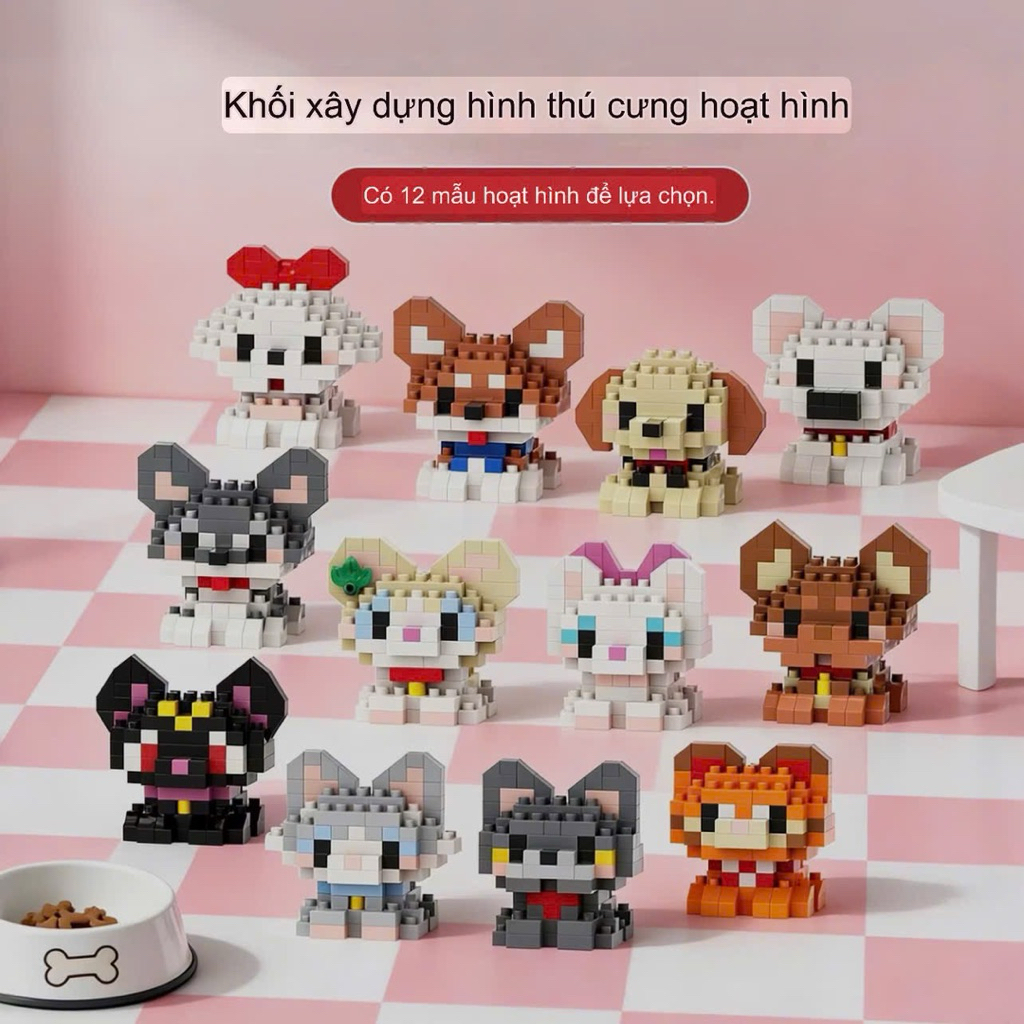 {SLAY SLAY} bộ lắp ghép 12 chó và mèo đáng yêu, bộ lắp ghép mini, lego mini 12 bé