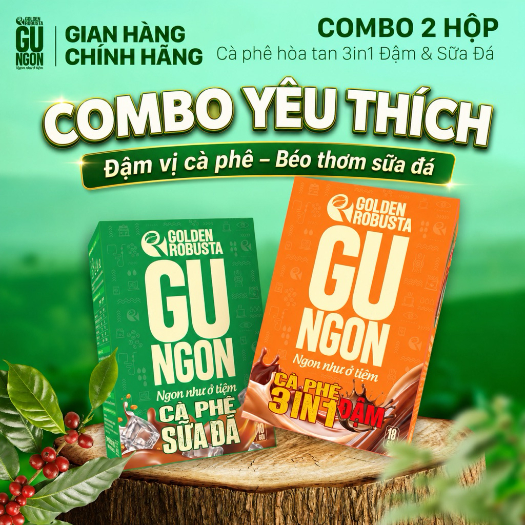 [COMBO 2 HỘP best seller] Cà Phê 3in1 Vị Đậm & Cà Phê Sữa Đá - Cà phê Golden Robusta Gu Ngon (28 gói