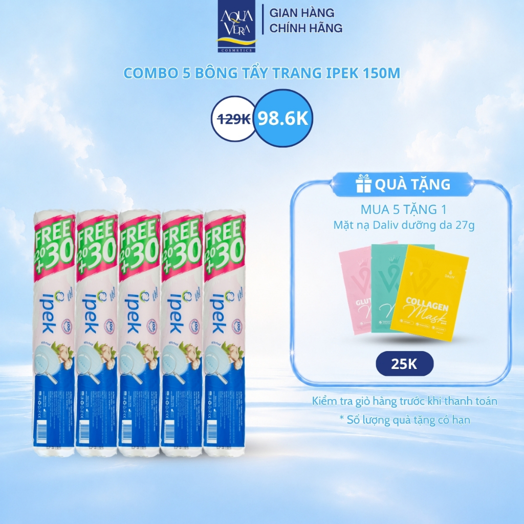 Combo 5 cây bông tẩy trang IPEK Thổ Nhĩ Kỳ siêu mềm mịn 150 miếng (5x150 miếng)
