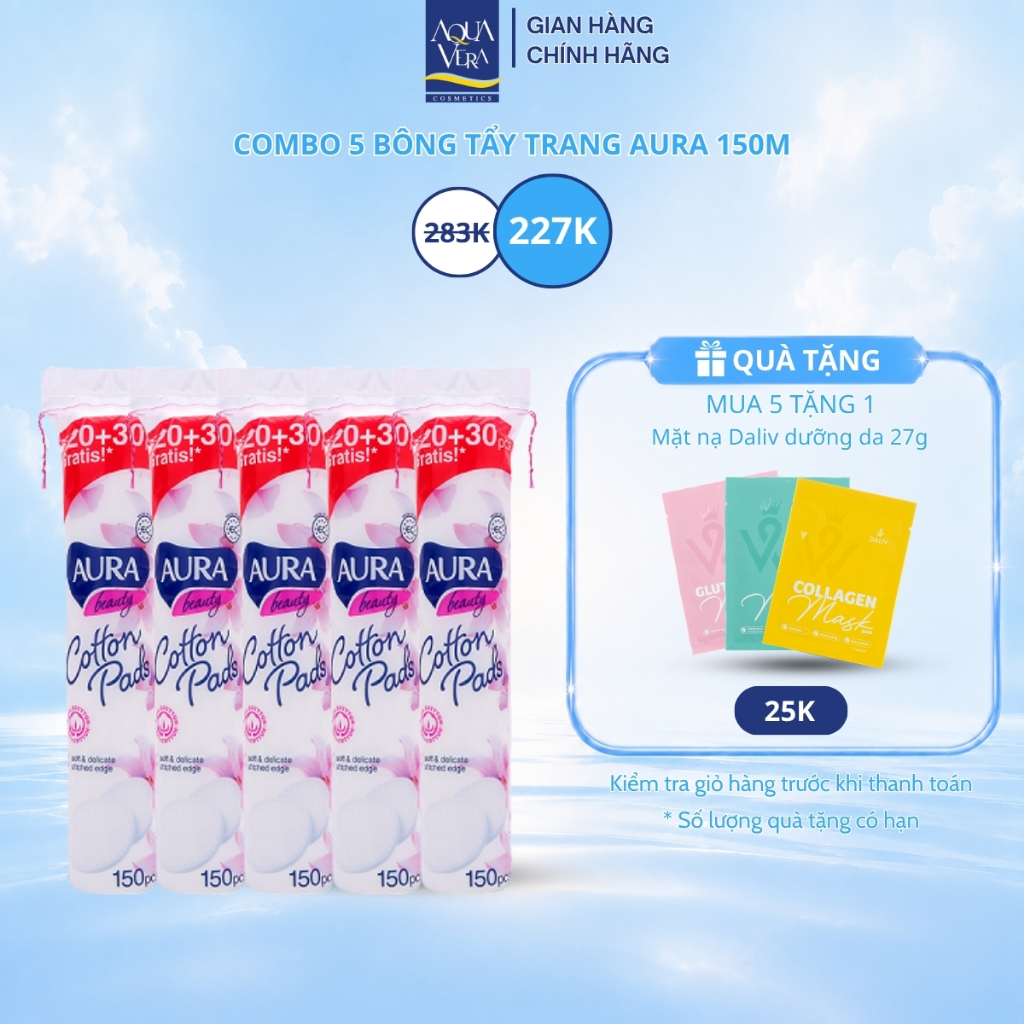 Combo 5 Bông tẩy trang Aura Beauty 150 miếng (5x150 miếng)