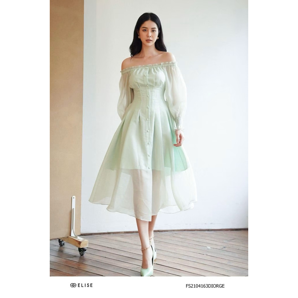 [PASS SIZE M] Elise - Đầm tơ xanh trễ vai FS2104163DIORGE