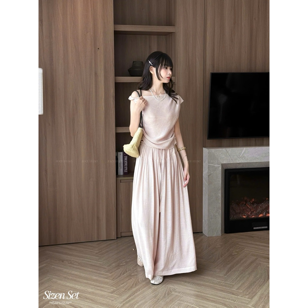 Set linen nữ thần vai đổ xoắn nhẹ thanh lịch quần ống rộng Sizen Set Jeace Studio