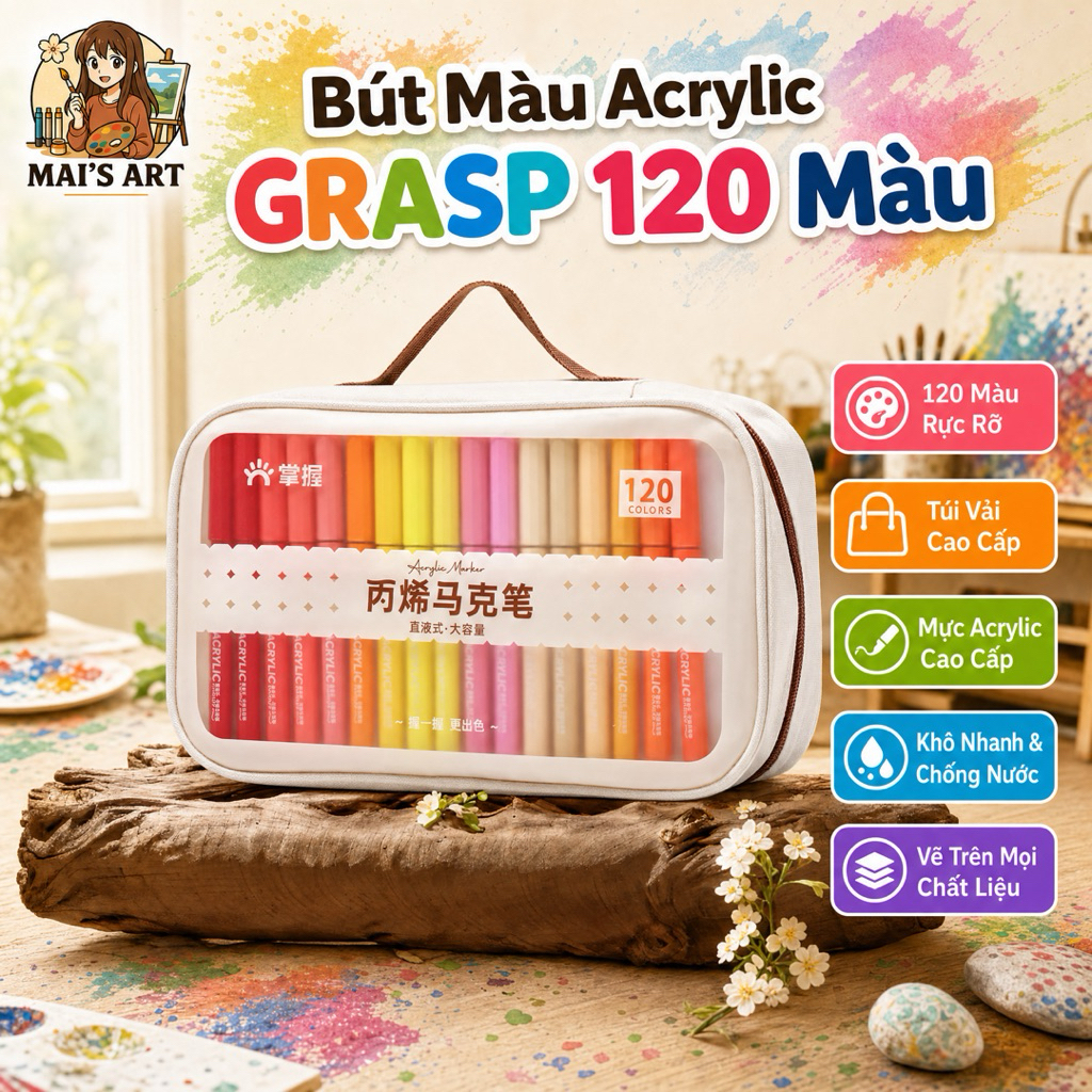 120 Màu Acrylic Marker Grasp Túi Canvas Ngòi Brush - Lượng Mực 2.8ml Vẽ Mọi Chất Liệu, Không Thấm Gi