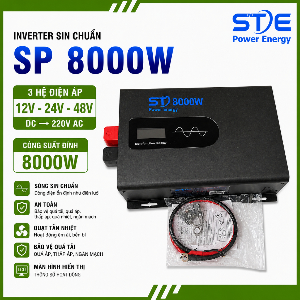Inverter Sin Chuẩn STE-D 8000W Hệ 12V 24V 48V Sang 220V - Dùng Cho Điện Mặt Trời-Phân Phối STE Power