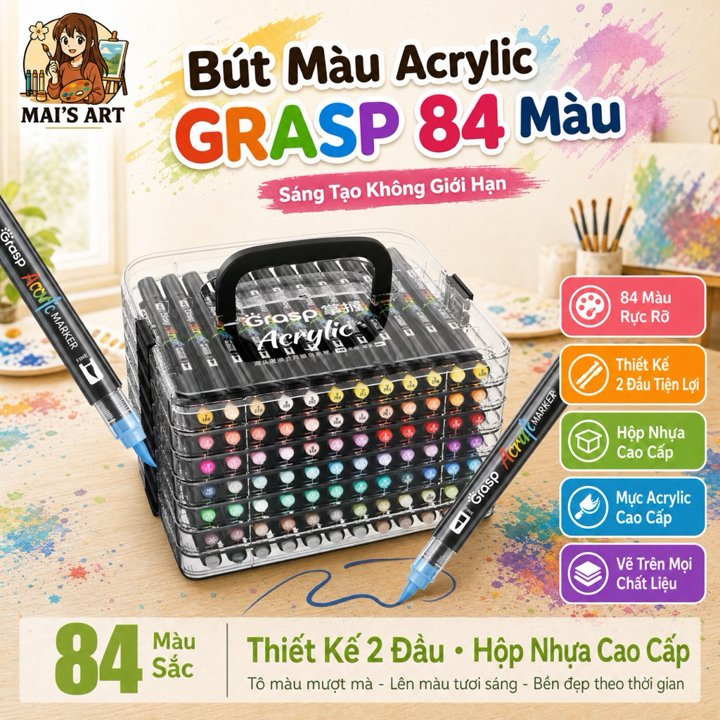 84 Màu Acrylic Marker Grasp 2 Đầu Ngòi Brush & Bullet - Lương Mực 3.4ml Vẽ Mọi Chất Liệu, Không Thấm