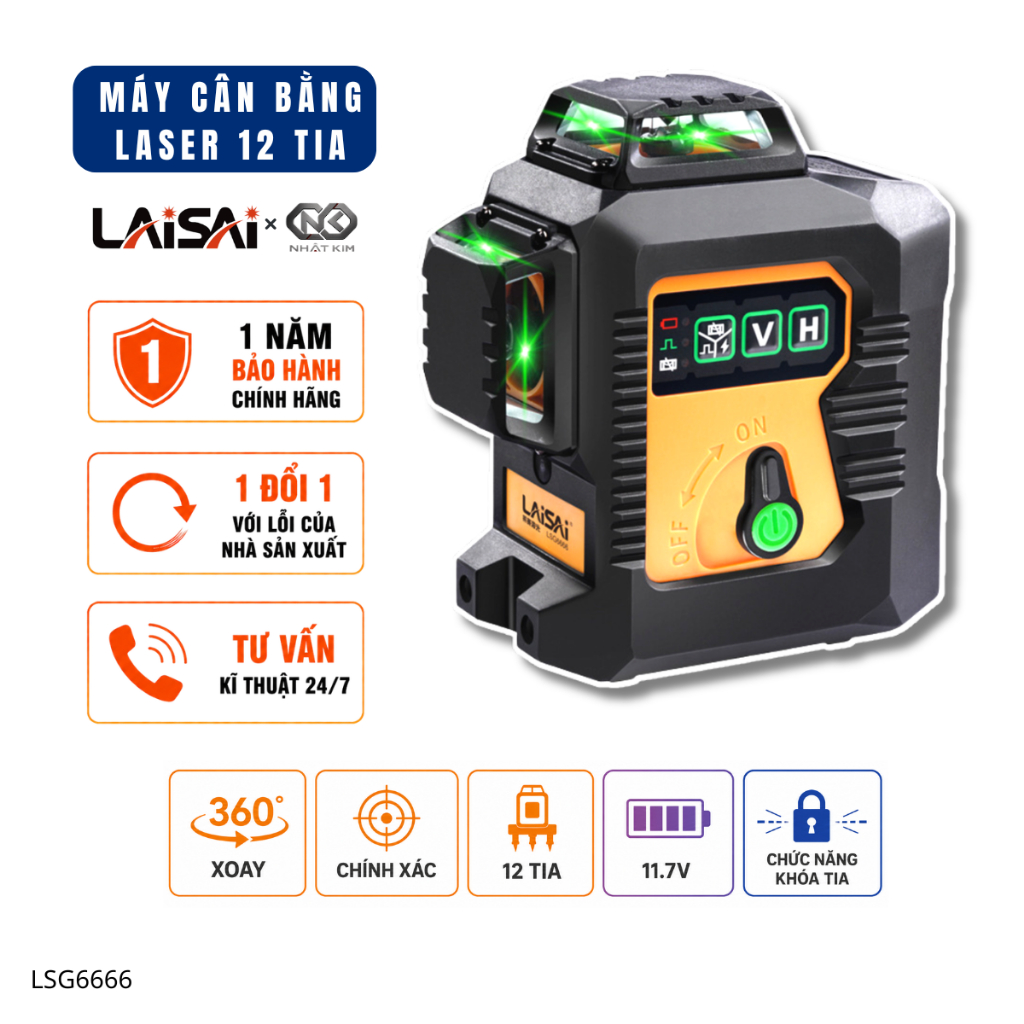 Máy Cân Bằng Laser 12 Tia Xanh LAISAI Cao Cấp Chính Hãng Tia Siêu Sáng Tự Cân Bằng IP54 LSG6666