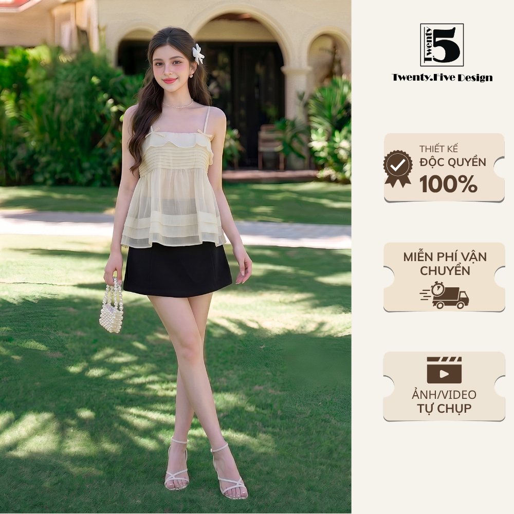Áo hai dây babydoll phối nơ nữ tính dễ phối đồ đi chơi đi dạo - Twentyfive Design AL69
