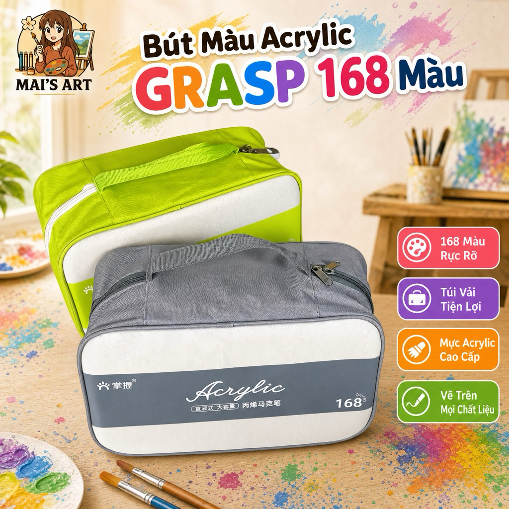 168 Màu Acrylic Marker Grasp Gift Box Ngòi Brush - Lượng Mực 2.4ml Vẽ Mọi Chất Liệu Không Thấm Giấy 