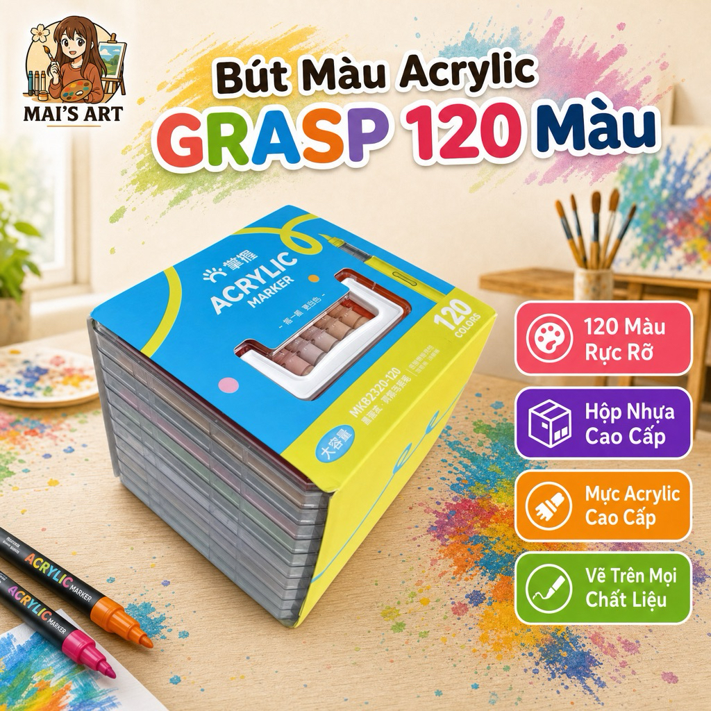 120 Màu Acrylic Marker Grasp Clear Box Ngòi Brush - Lượng Mực 2.8ml Vẽ Mọi Chất Liệu, Không Thấm Giấ