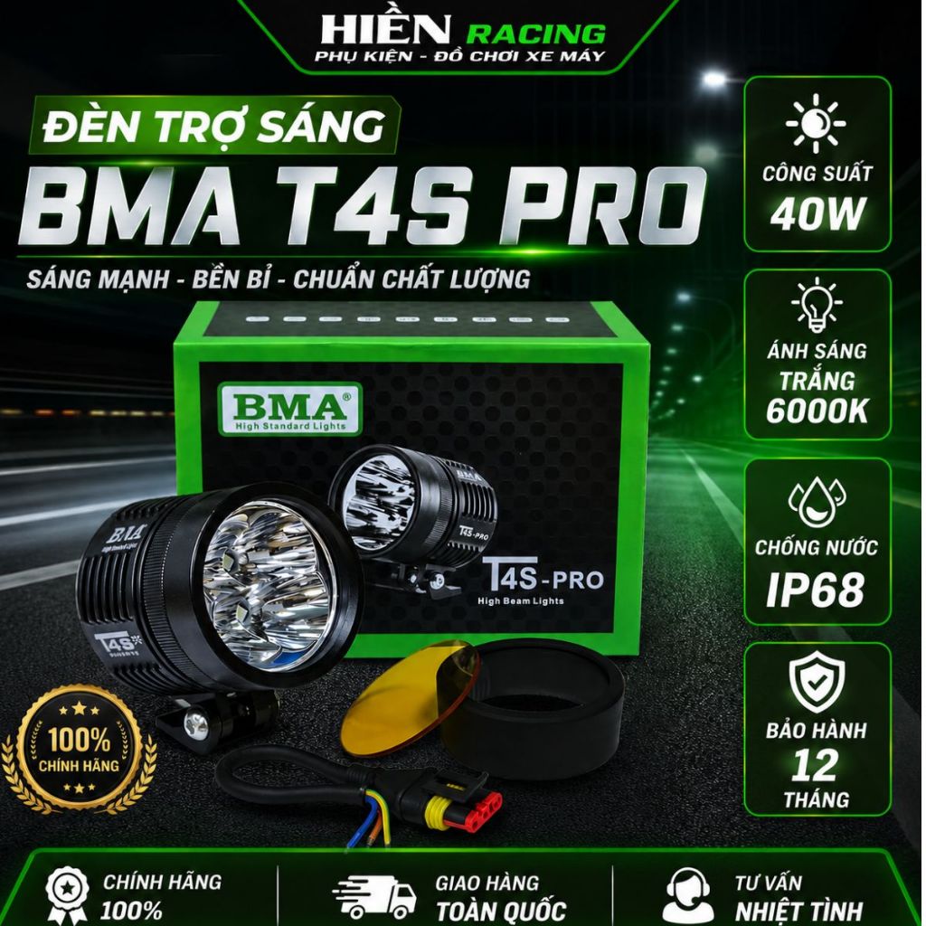 Đèn Trợ Sáng BMA T4S Pro Chính Hãng 60W, Ánh Sáng Trắng 6000K, Chống Nước IP68, Lắp Mọi Dòng Xe