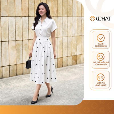 Đầm Nữ 𝐂𝐂𝐇𝐀𝐓 Dáng Xòe Herita Chân Váy Chấm Bi Chất Liệu Phối Mềm Mát 16VNT8009XT
