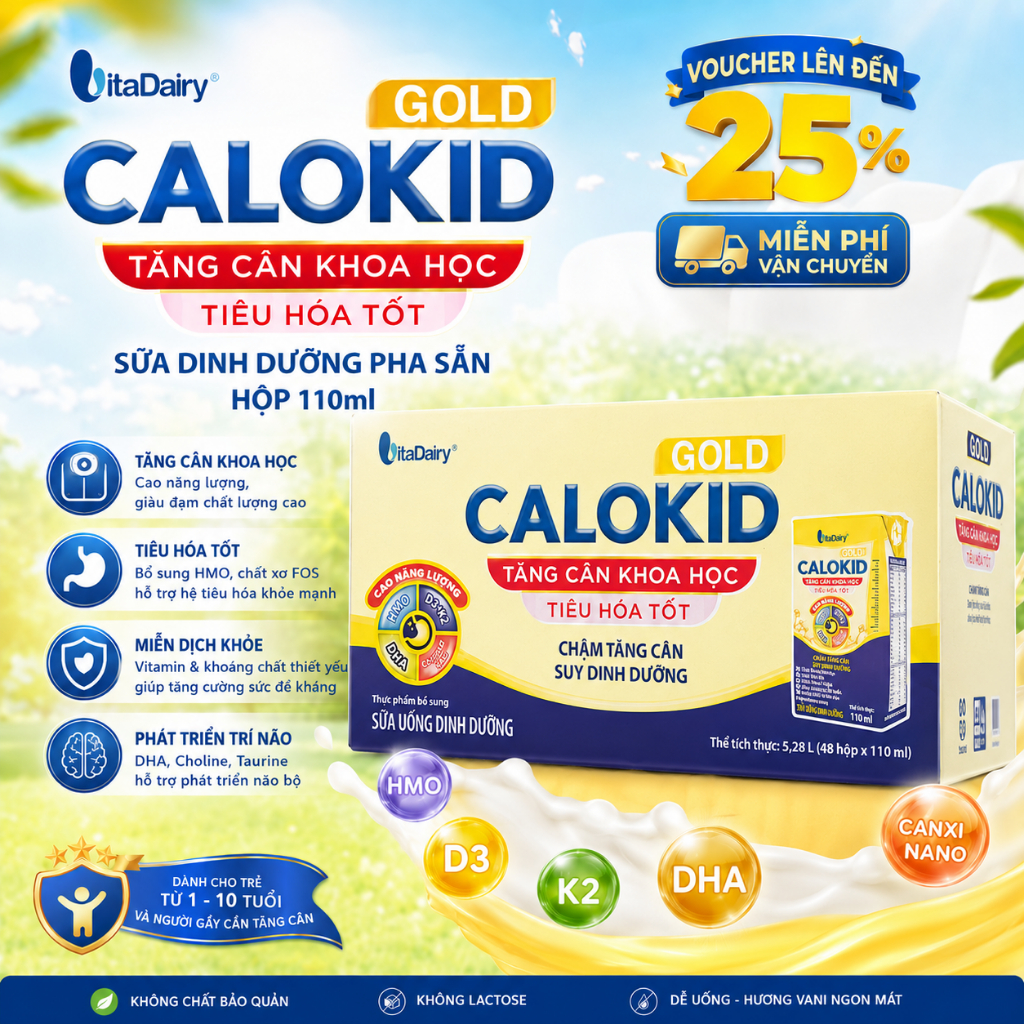 Sữa Bột Pha Sẵn Vitadairy Calokid Gold Hộp 110ml Cho Trẻ Chậm Tăng Cân, Biếng Ăn