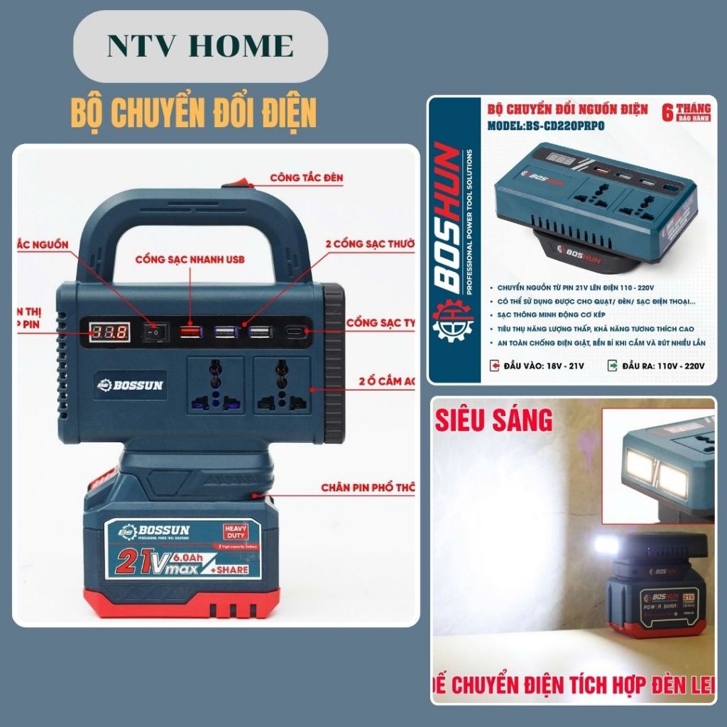 NTV HOME Thân đế chuyển đổi nguồn điện , kèm đèn, chuyển từ pin 21v lên 110-220v