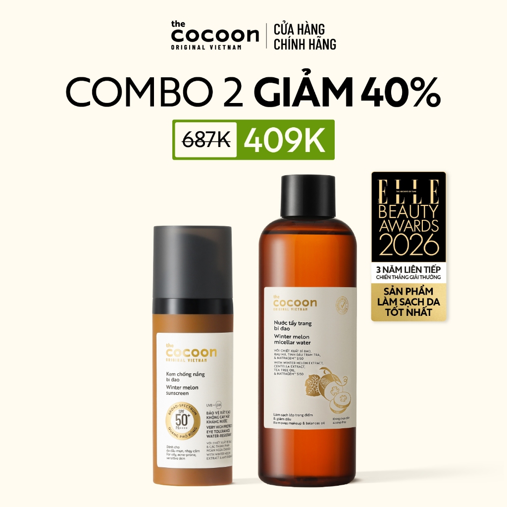 Combo kem chống nắng bí đao Cocoon 50ml và nước tẩy trang bí đao 500ml