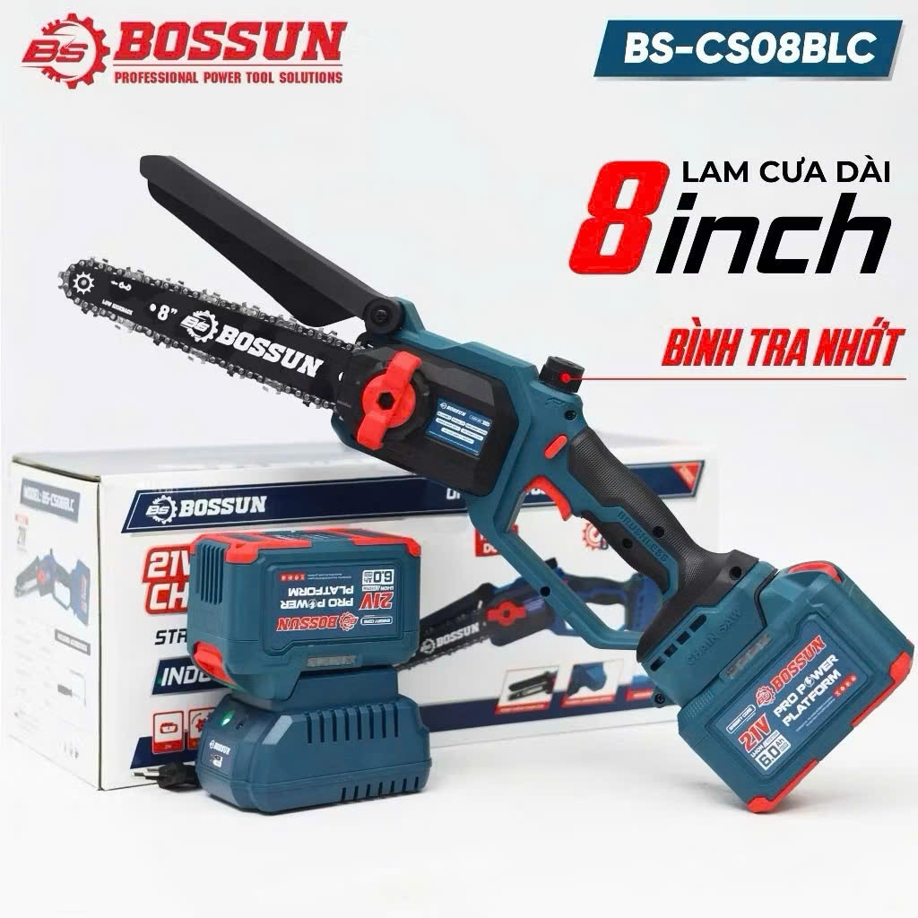 Máy Cưa Xích 8Inch Dùng Pin BOSSUN BS-CS08BLC Không Chổi Than Có Châm Nhớt Tự Động Chân Pin Phổ Thôn