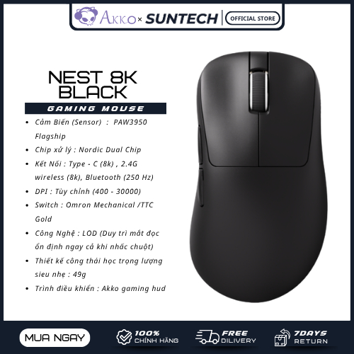 Chuột Gaming Akko Nest 8K Black | PAW3950 Flagship, 8K Polling Rate, 49g, Chip Nordic Dual