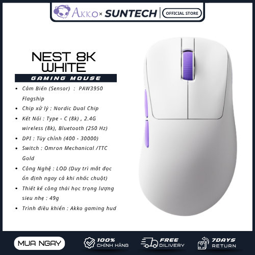 Chuột Gaming Akko Nest 8K White | PAW3950 Flagship, 8K Polling Rate, 49g, Chip Nordic Dual