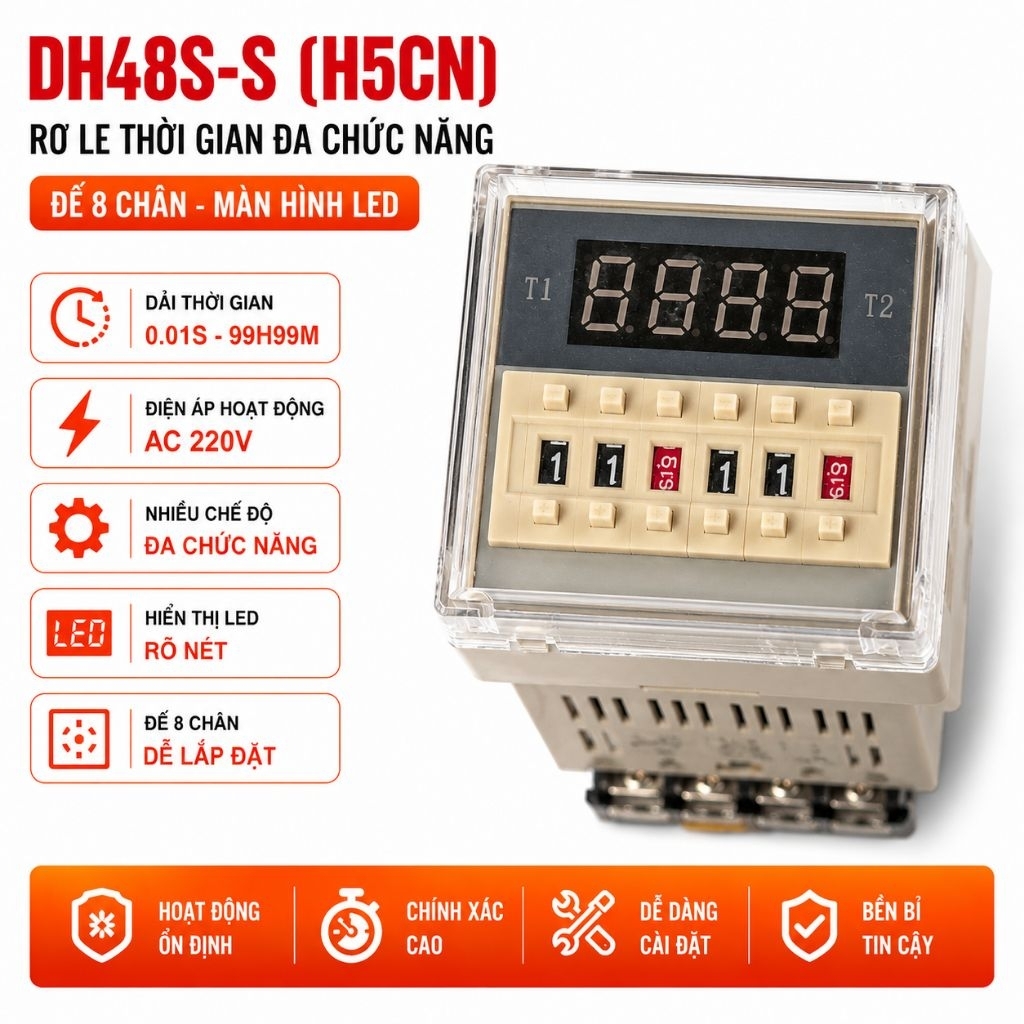 Rơ Le Thời Gian DH48S-S (H5CN) 220V AC Đế 8 Chân - Timer Relay Điện Tử Đa Chức Năng, Màn Hình LED