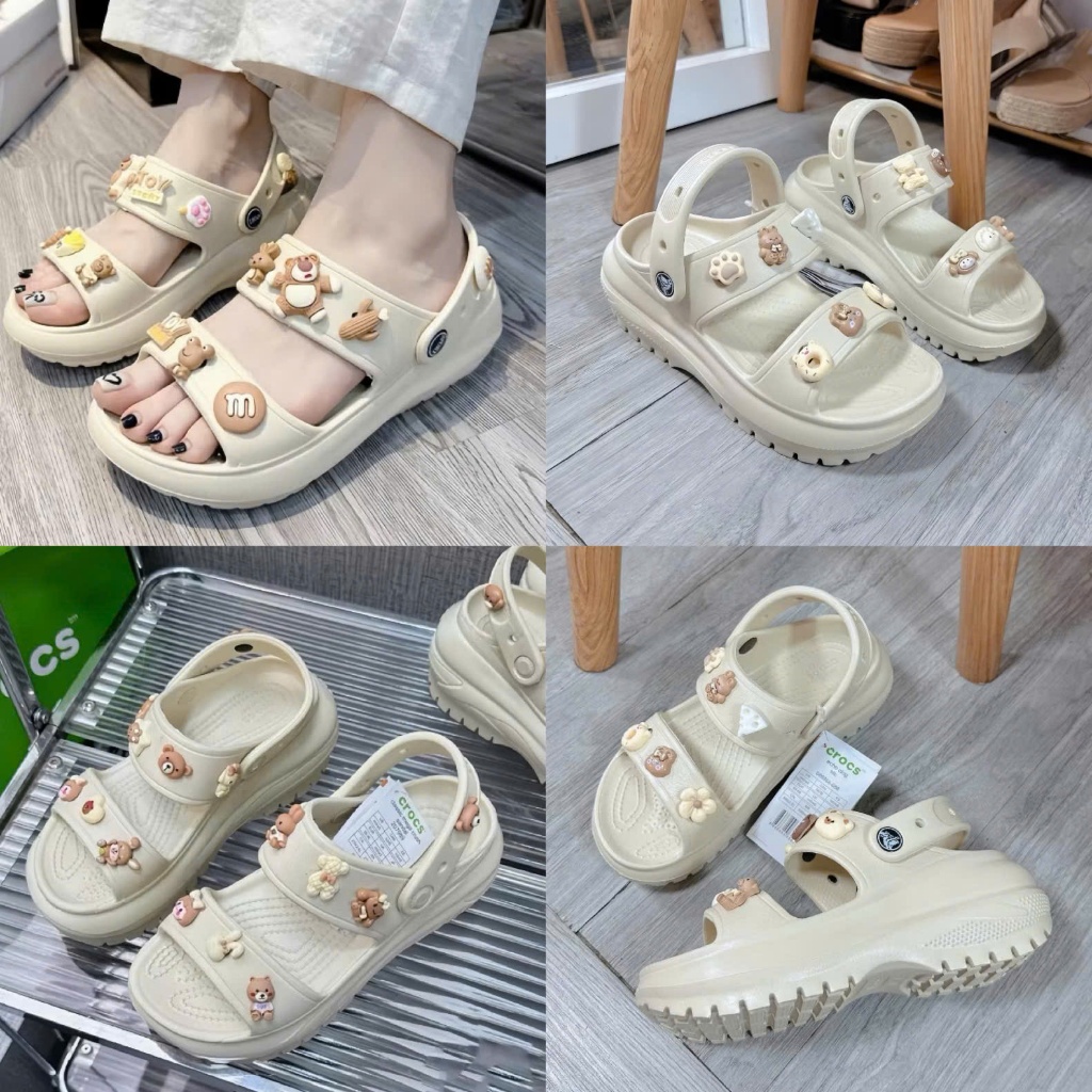 [Full Box] Crocs Đế Cao 7CM - Cross Sandal Nữ Đế Cao, tặng kèm sẵn Charm 3D gắn dép