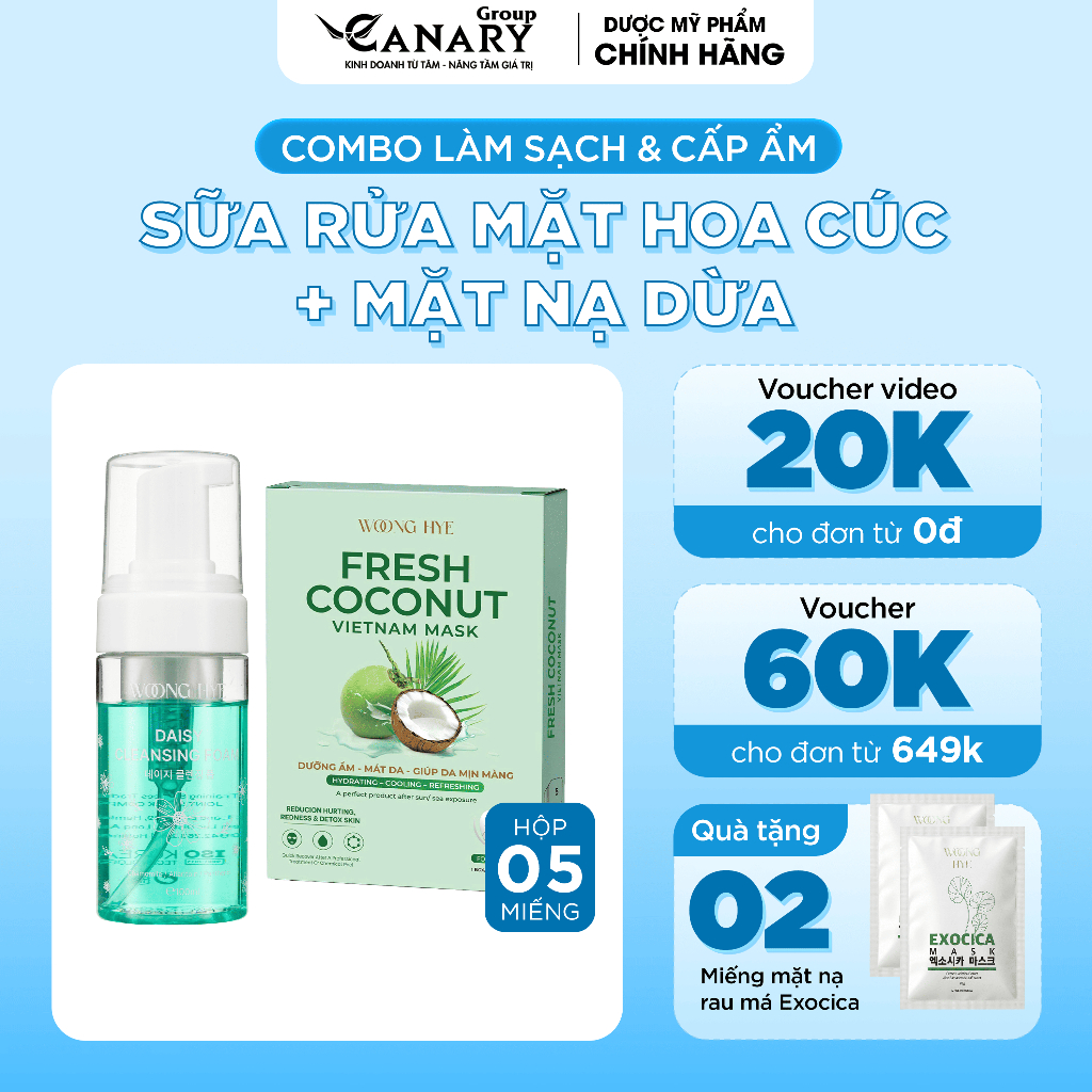 Bộ đôi sữa rửa mặt + 5 miếng mặt nạ dừa dưỡng da trắng khỏe Woong Hye, 100ml, 25g - Woong Hye