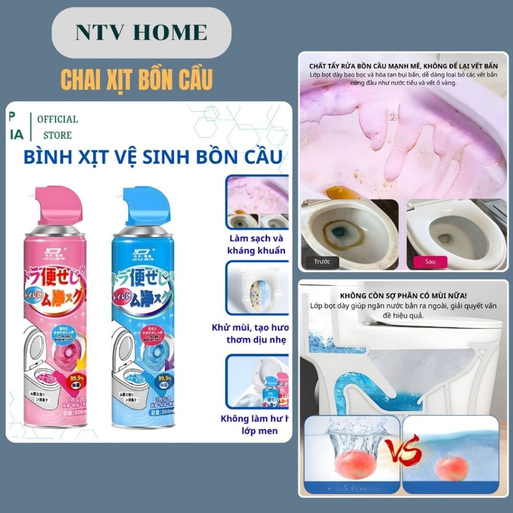 NTV HOME Chai xịt bọt vệ sinh bồn cầu toilet tẩy rửa mọi vết bẩn hương chanh hương đào 500ML