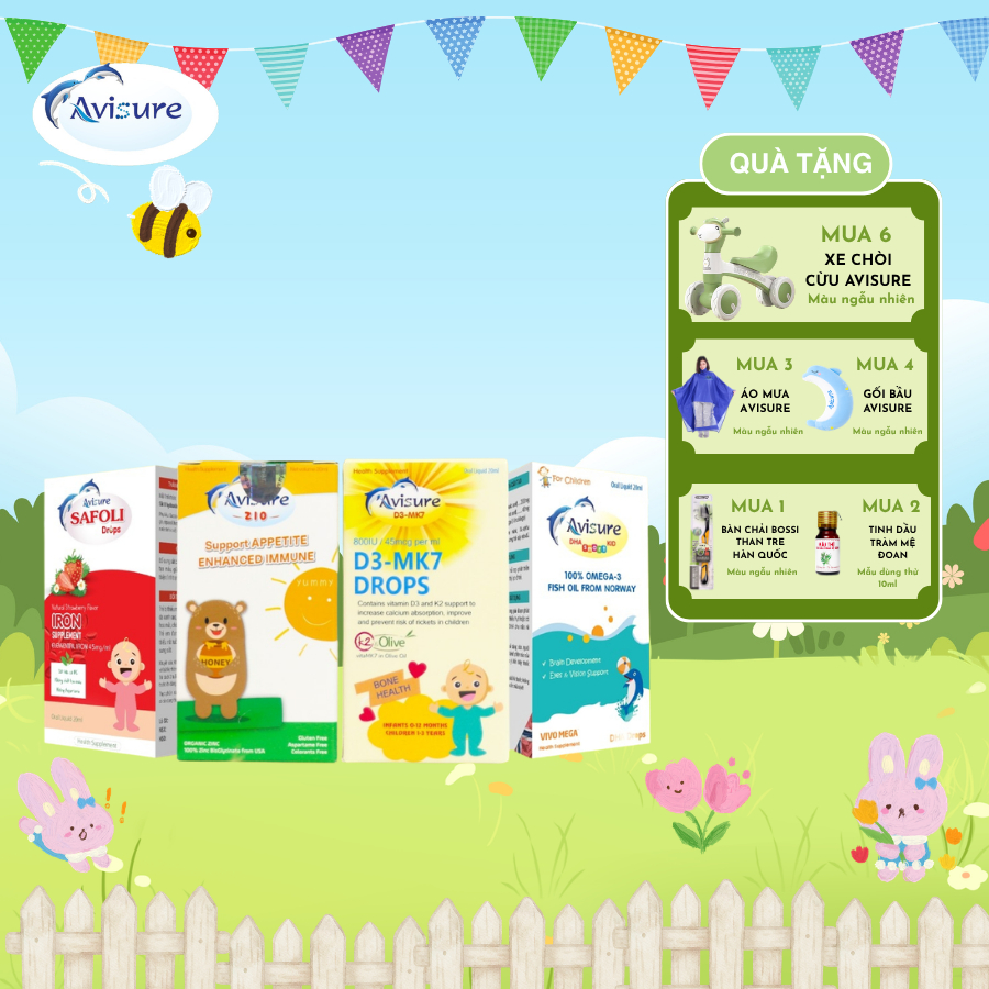 [QUÀ Y HÌNH] Bộ tứ Avisure D3MK7, Avisure DHA smart Kid, Avisure Safoli Drop, Avisure ZiO bổ sung to
