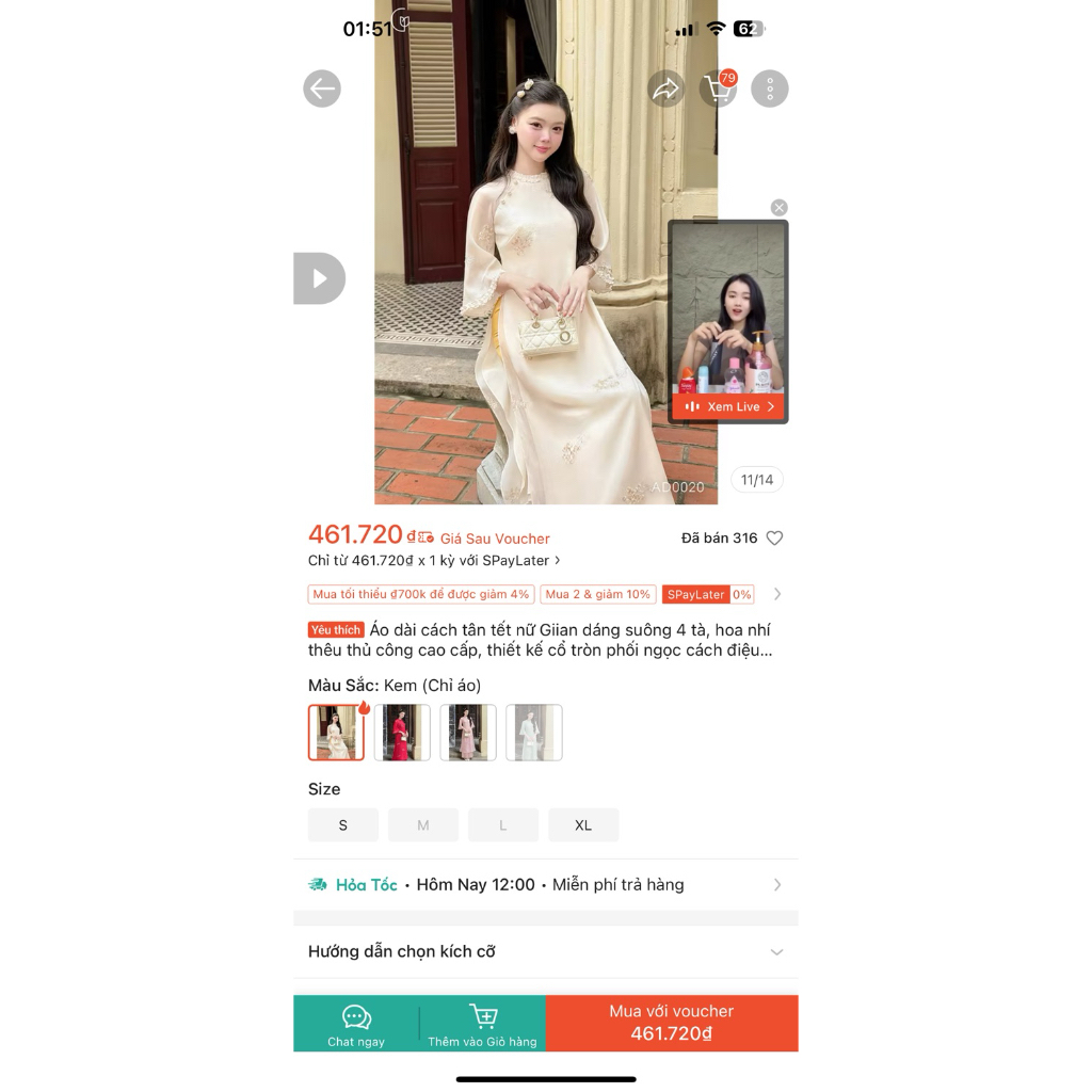 PASS Áo dài Giian kèm quần size S màu trắng be