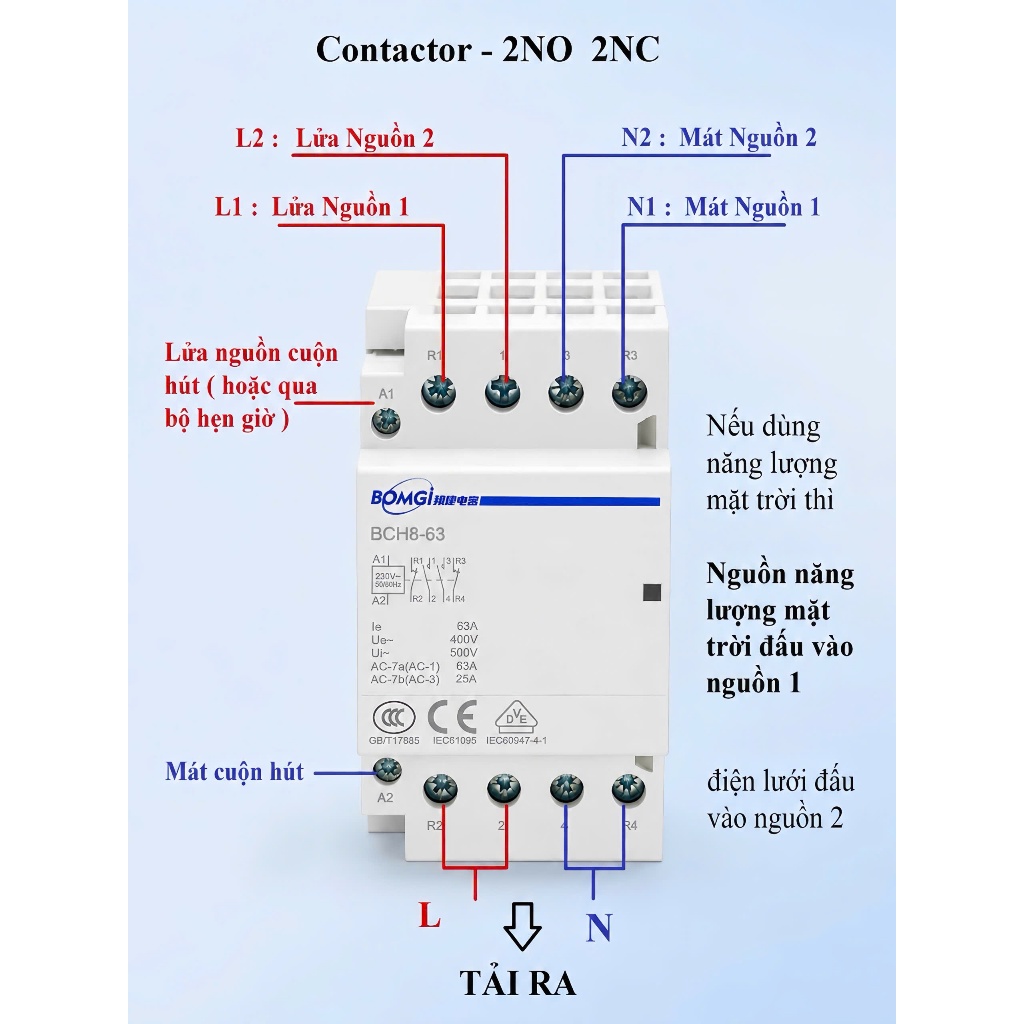 Contactor BOMGI 2NO 2NC ATS chuyển nguồn tự động 2P 63A - BCH8-63A