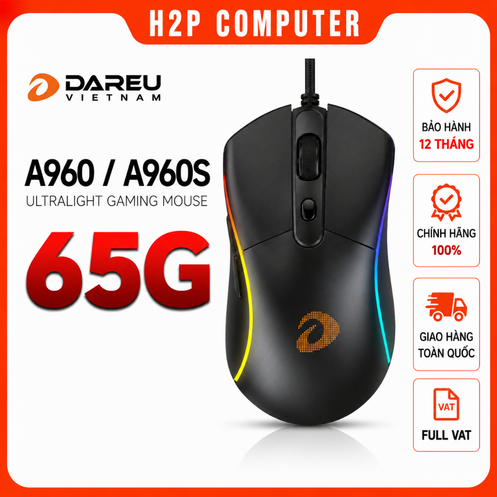Chuột Gaming DAREU A960 – ULTRALIGHT (TRACKER PWM3337, LED RGB) - New - Chính Hãng - BH 24 Tháng