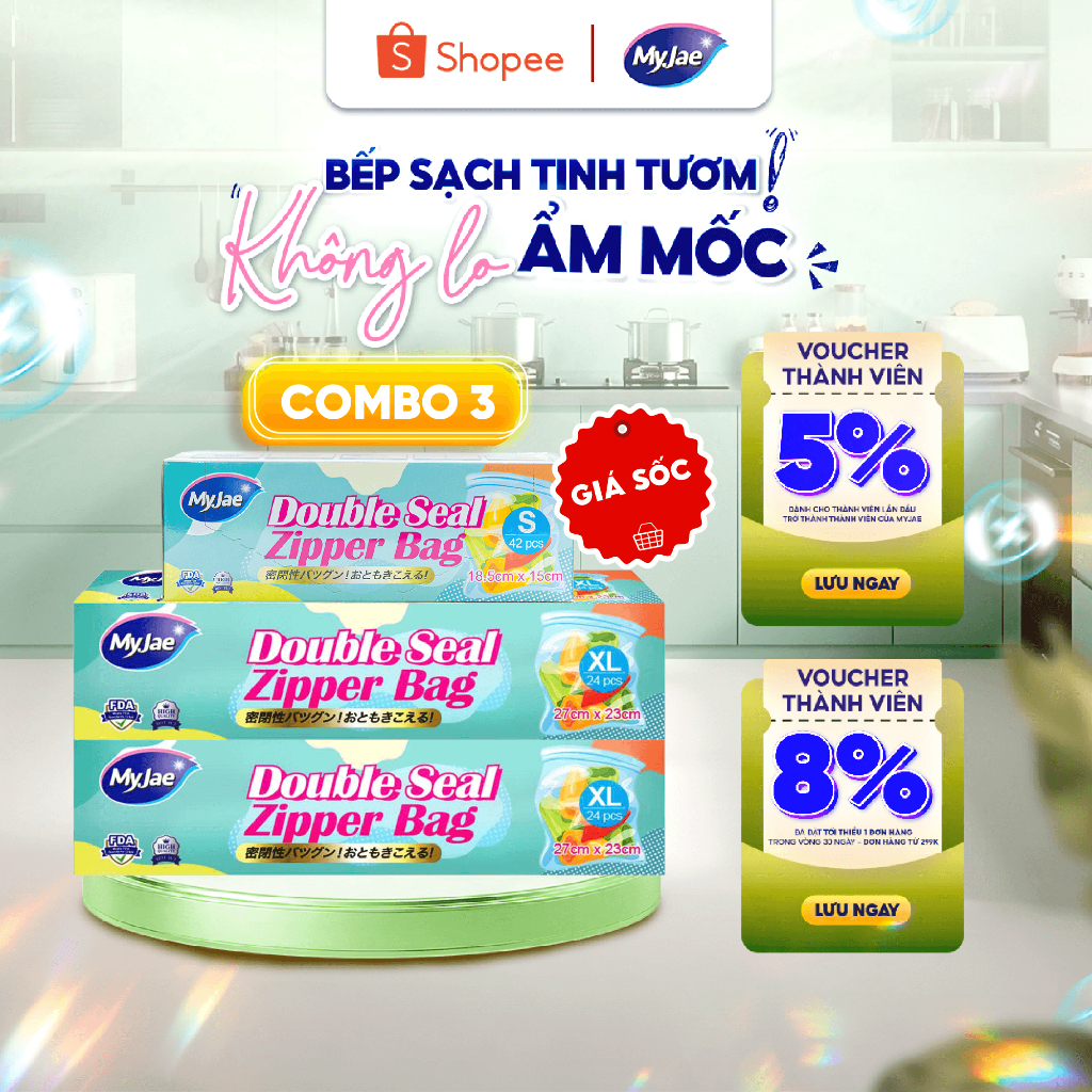 [COMBO 3 2XL+1S] Túi zip đựng thực phẩm trong suốt MyJae - Nhiều kích thước, đựng thực phẩm an toàn,