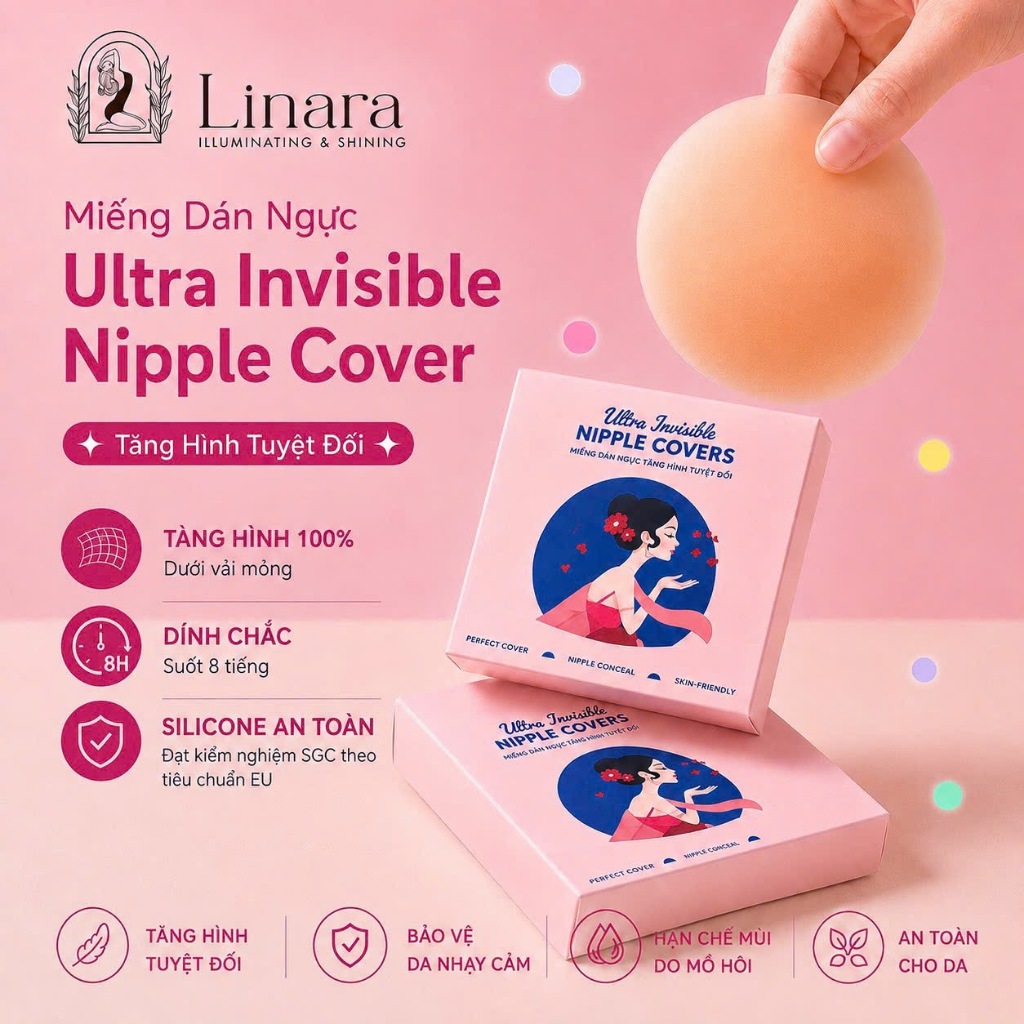Miếng Dán Ngực Siêu Dính Linara, Miếng Dán Ngực Silicon Siêu Mỏng, Chống Lộ, Tái Sử Dụng Nhiều Lần