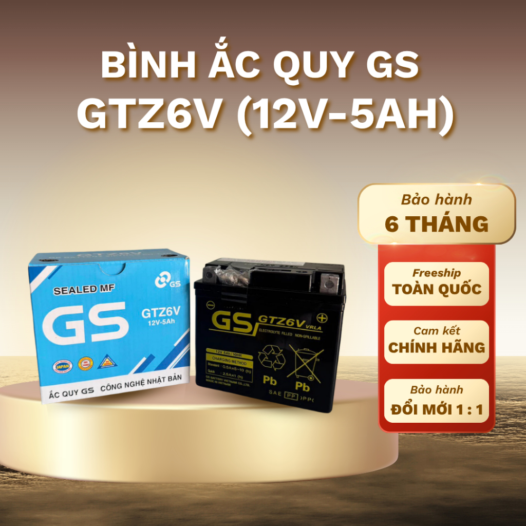Bình Ắc Quy Khô GS GTZ6V (12V-5Ah) Cho Xe Ga Vision, janus, Air Blade 125/150, SH Mode