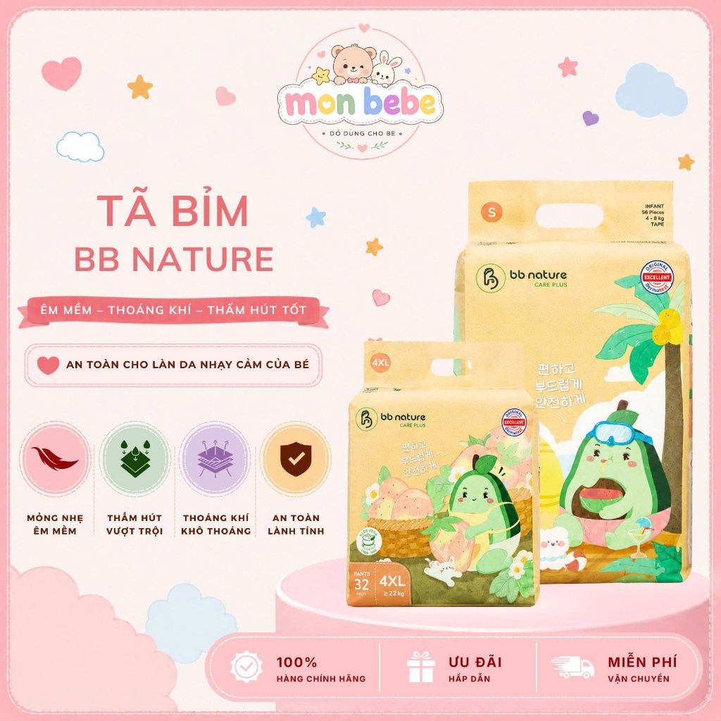 Tã Dán Tã Quần BB Nature Care Plus Hàn Quốc Đai Chun 360° Mềm Mại Thoáng Khí Cho Bé Sơ Sinh Đến 4XL