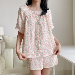 Bộ đùi mặc nhà NERSIN cổ vuông phối ren mềm xô muslin cao cấp