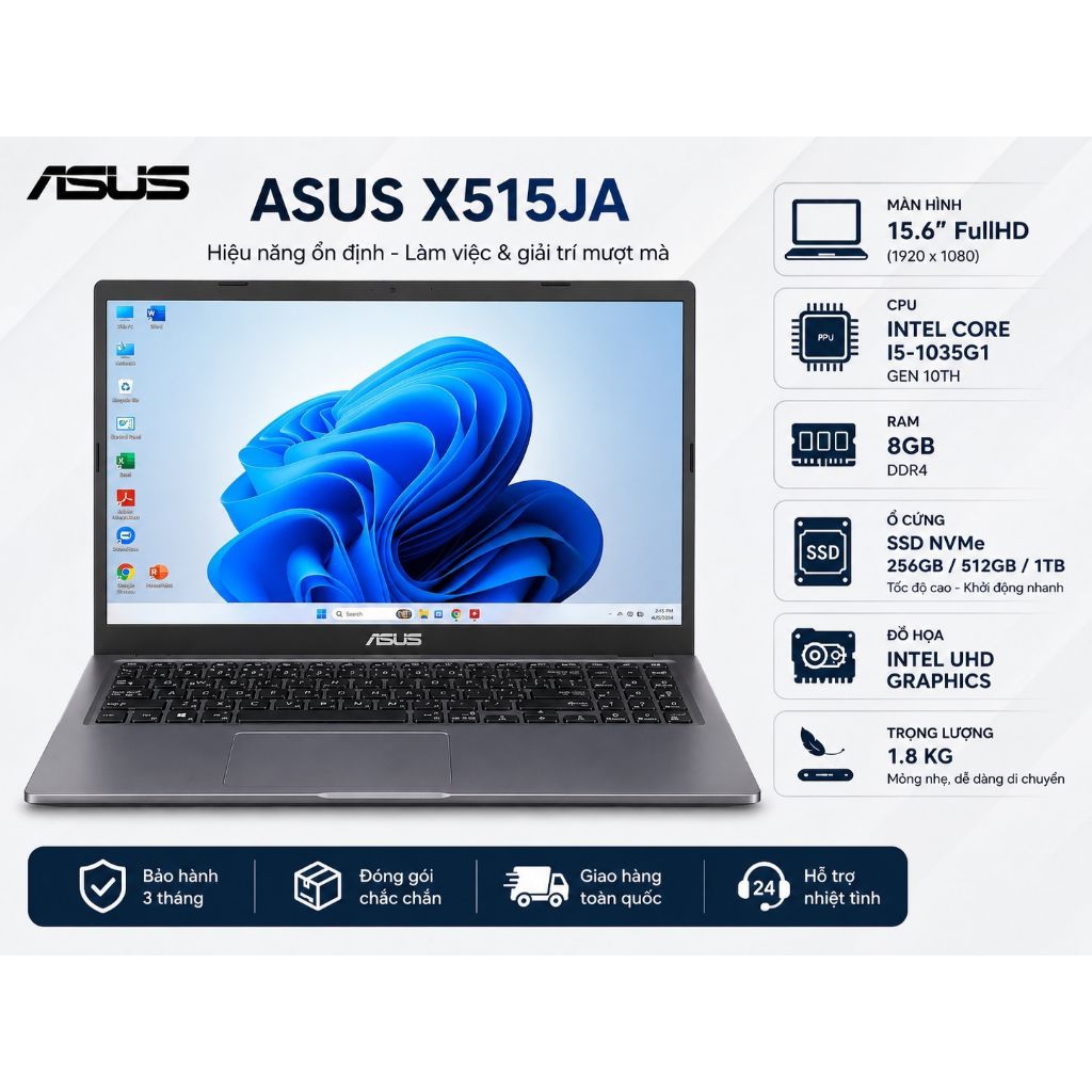 LAPTOP ASUS X515JA, I5 GEN10, RAM 8GB, SSD NVMe 256Gb/512Gb/1T, 15.6" FullHD, Máy Nhật