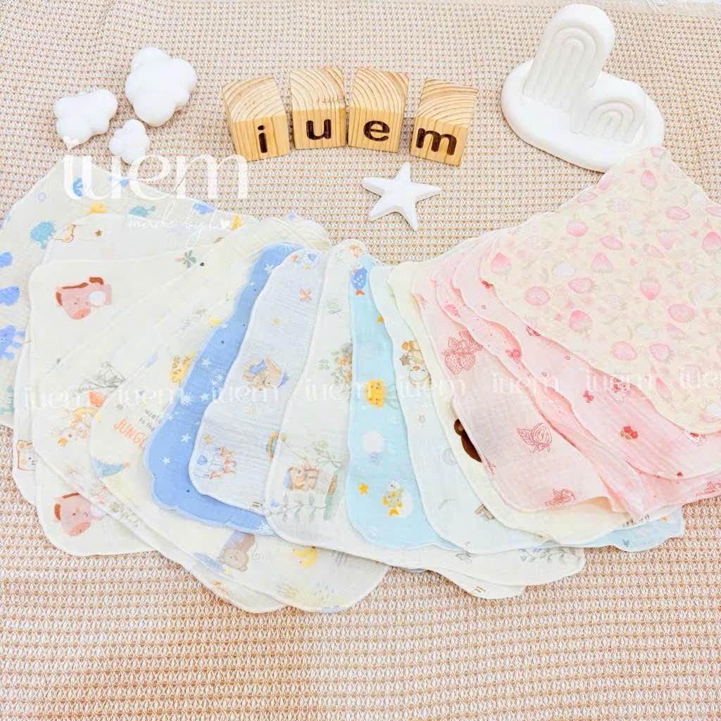 Set 5 Khăn Sữa Xô Muslin 4 Lớp iuem Cho Bé Từ Sơ Sinh, Dày Mềm & Thấm Hút Tốt 28x28cm