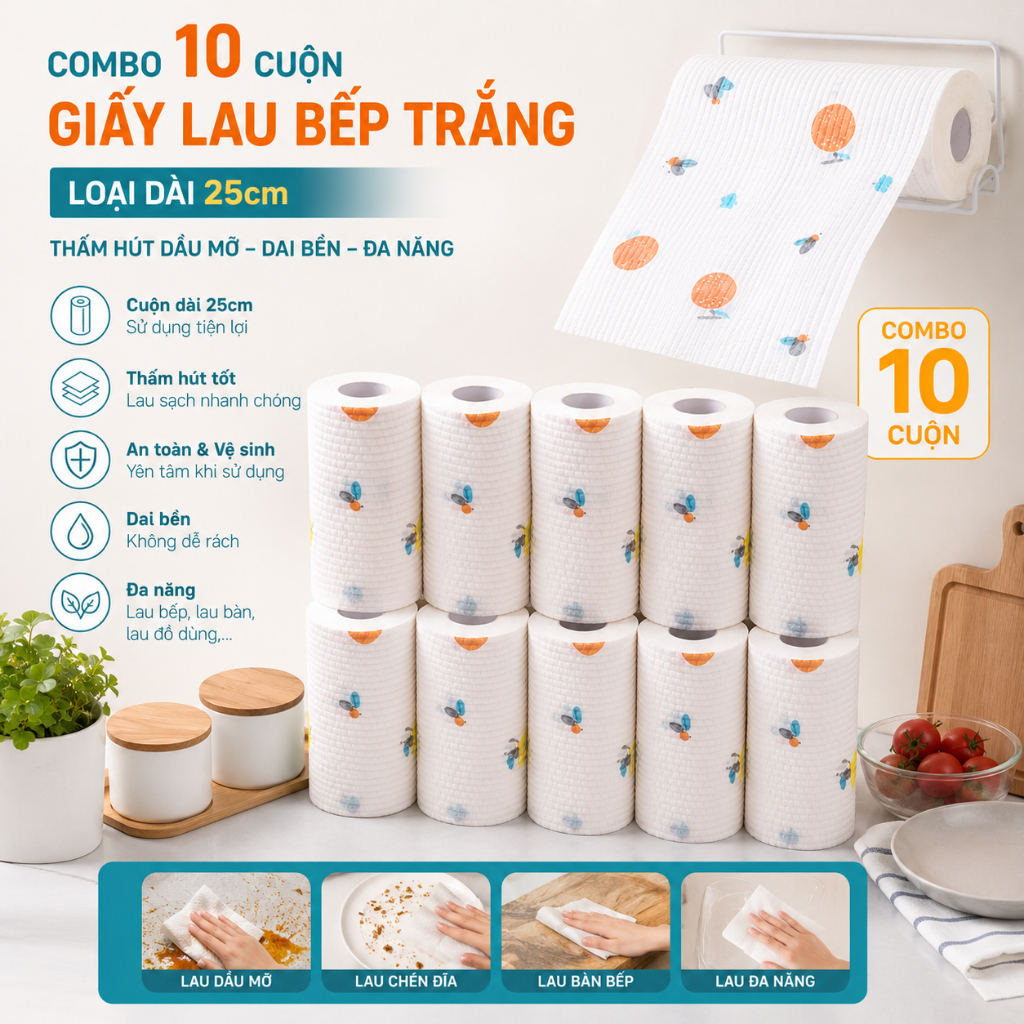 Combo 10 Cuộn Giấy Lau Bếp Trắng Loại Dài 25cm - Giấy Lau Đa Năng Thấm Hút Dầu Mỡ, Dai Bền