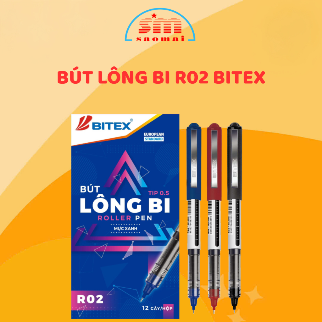 Bút Gel Bitex Roller R02/ Bút Lông Bi R02 3 Màu Xanh/ Đỏ / Đen