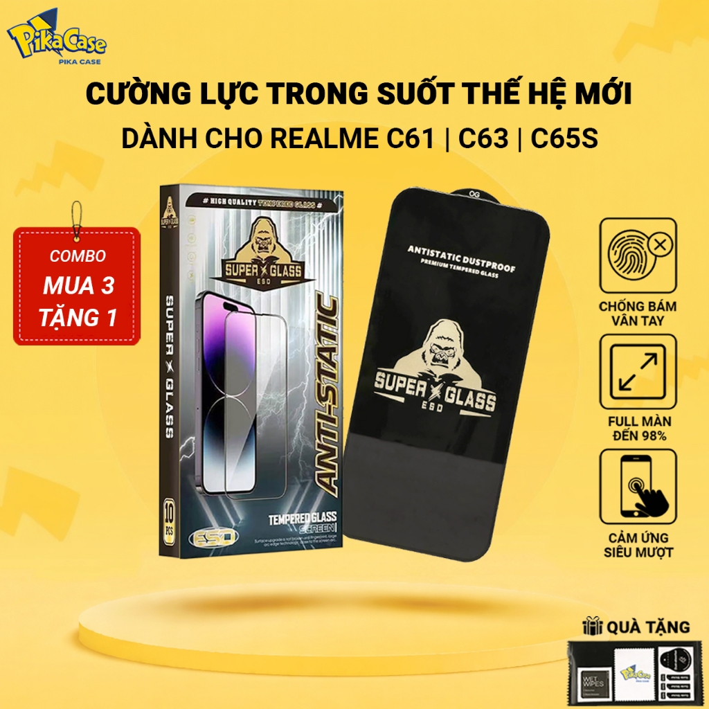 Kính cường lực Realme C61, C65s, C63 Pikacase full màn | Miếng dán bảo vệ màn hình cho Realme