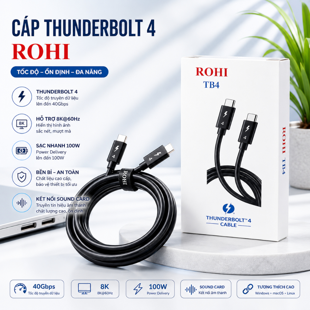 Cáp Thunderbolt 4 ROHI: Giải Pháp Truyền Dẫn Âm Thanh Sound Card & Hình Ảnh 8K Đỉnh Cao