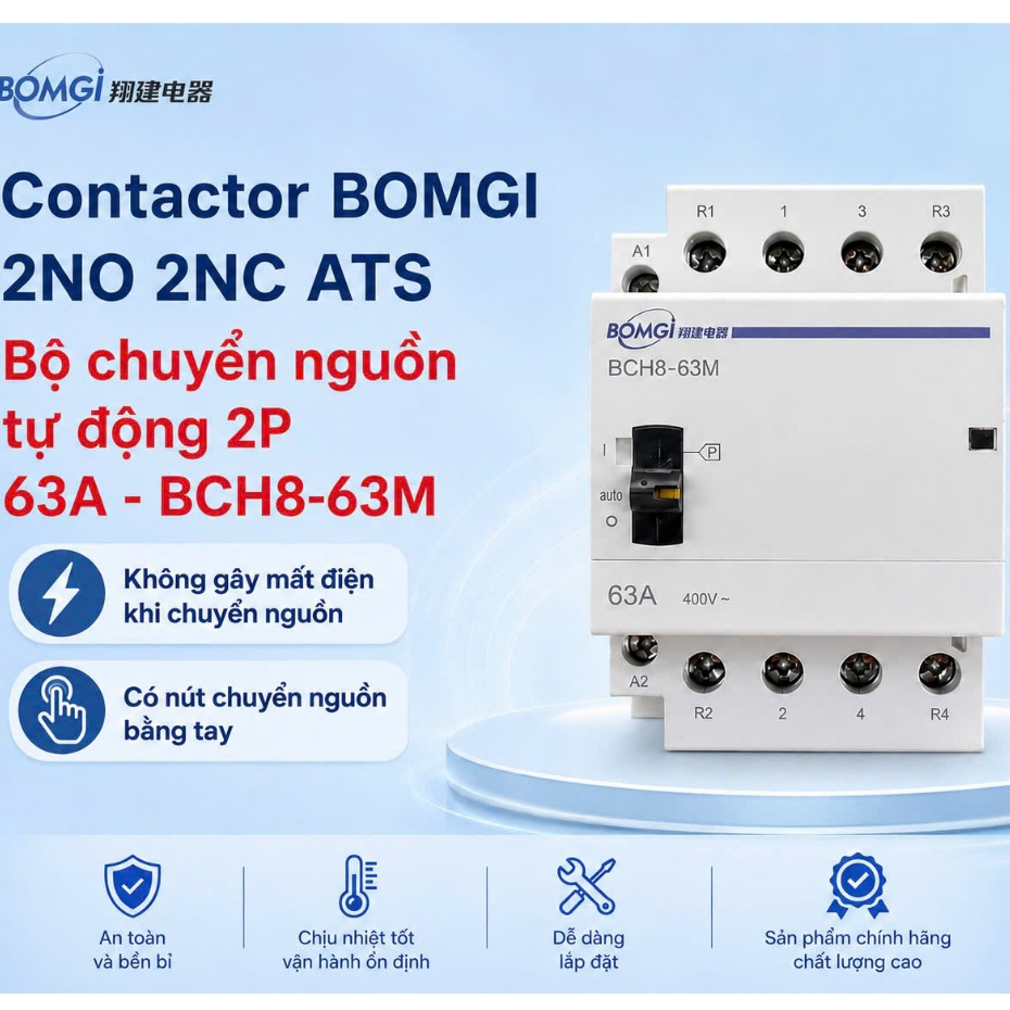 Contactor BOMGI 2NO 2NC ATS cầu dao chuyển nguồn tự động 2P 63A - BCH8-63M