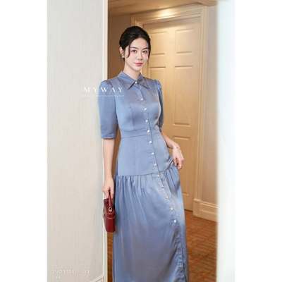 Đầm Công Sở MY WAY Timeless Duchess Midi Cổ Sơ Mi Xếp Tầng Cao Cấp 3MD08241