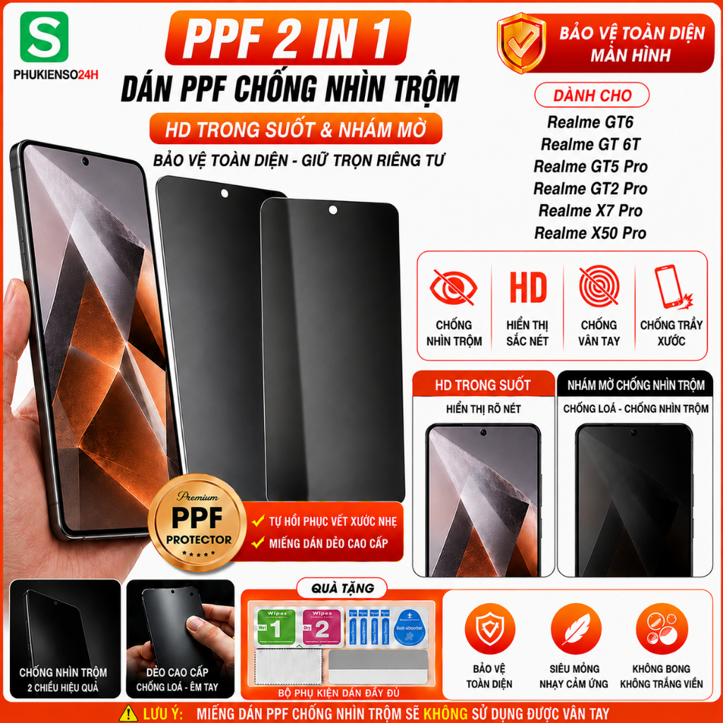 Miếng Dán PPF 2in1 Chống Nhìn Trộm & Nhám Dành Cho Realme GT6 / GT 6T / GT5 Pro / GT2 Pro / X7 Pro /