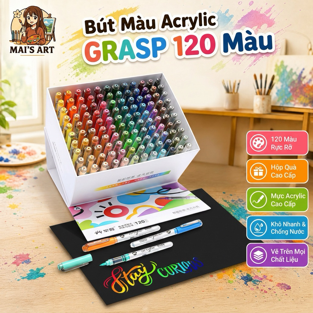 120 Màu Acrylic Marker Grasp Hạng Hoạ Sĩ Ngòi Brush Vẽ Mọi Chất Liệu Không Thấm Giấy MAI'S ART