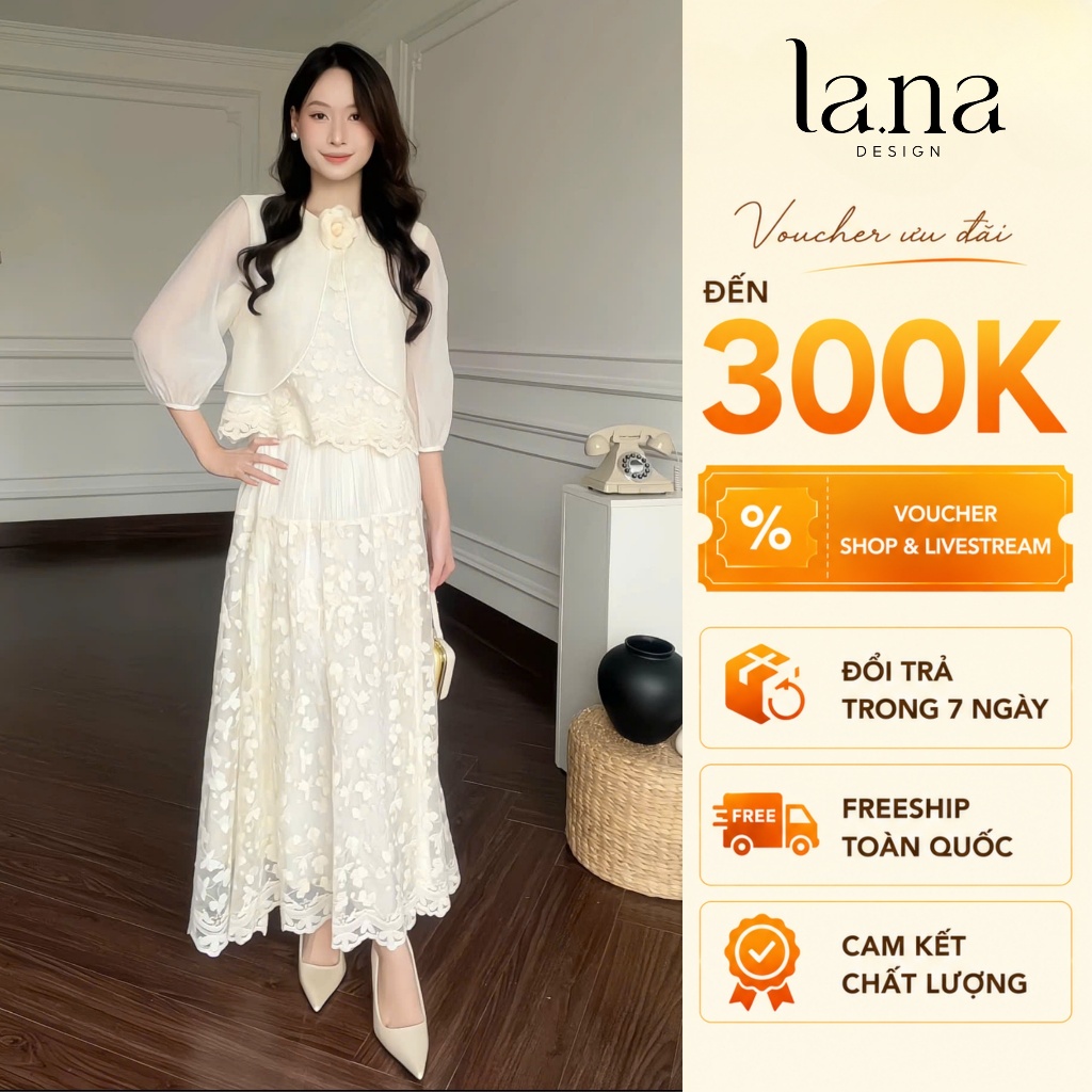 LA.NA DESIGN - NORA set váy thiết kế màu kem chất tơ phối ren mềm mịn phù hợp đi cafe, dự tiệc - CSV