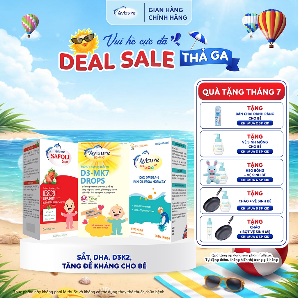 Bộ ba Avisure D3MK7, DHA, Safoli Drop TPBVSK bổ sung D3, DHA, Sắt hữu cơ cho bé